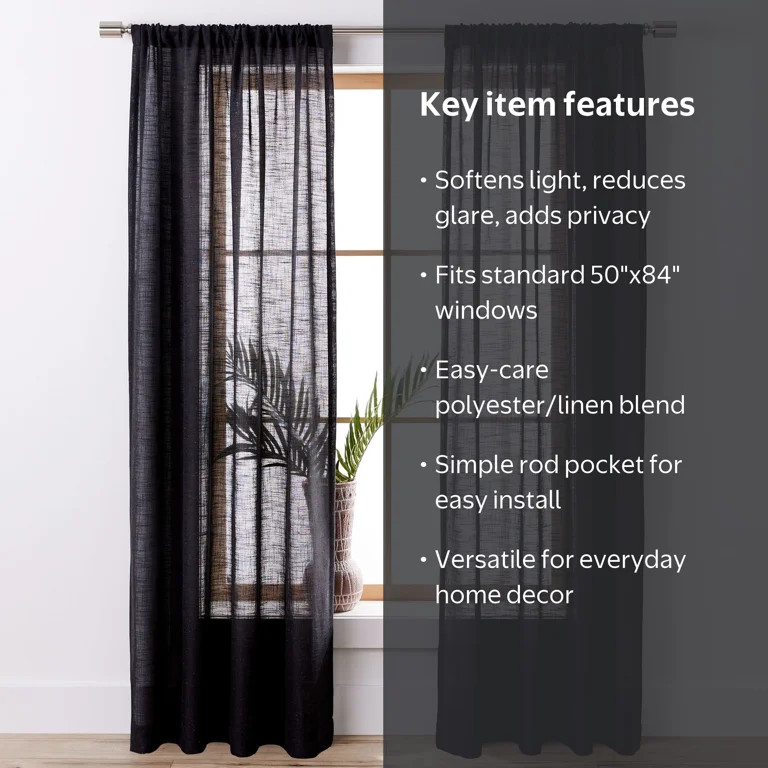 Better Homes & Gardens Light Filtering Linen Blend Rod Pocket Curtain Panel, Single Panel, Rich B... | Walmart (US)