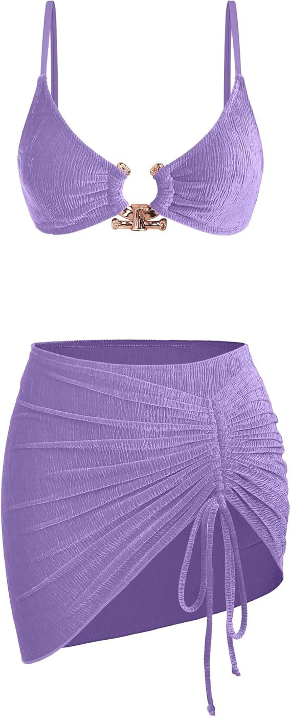 Ruched 3 Piece Swimsuits for Women Ribbed Velvet Bikini Sets with Sarong Coverup Metal Ring Bathi... | Amazon (US)