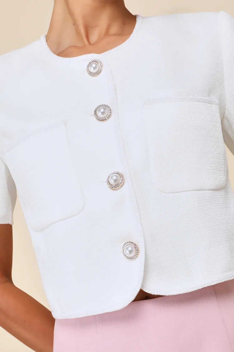 Majorly Elevated White Cropped Pearl Short Sleeve Jacket | Lulus