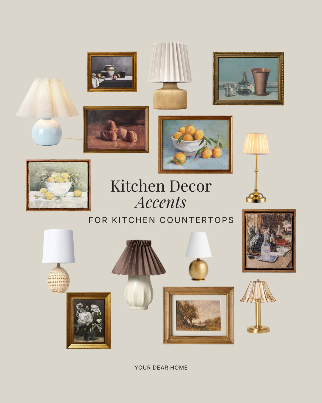 For kitchen countertop styling, a tiny lamp or picture light changes the whole vibe, especially in the evenings. Lean a framed piece nearby to soften all the cabinetry. 

 #LTKHome