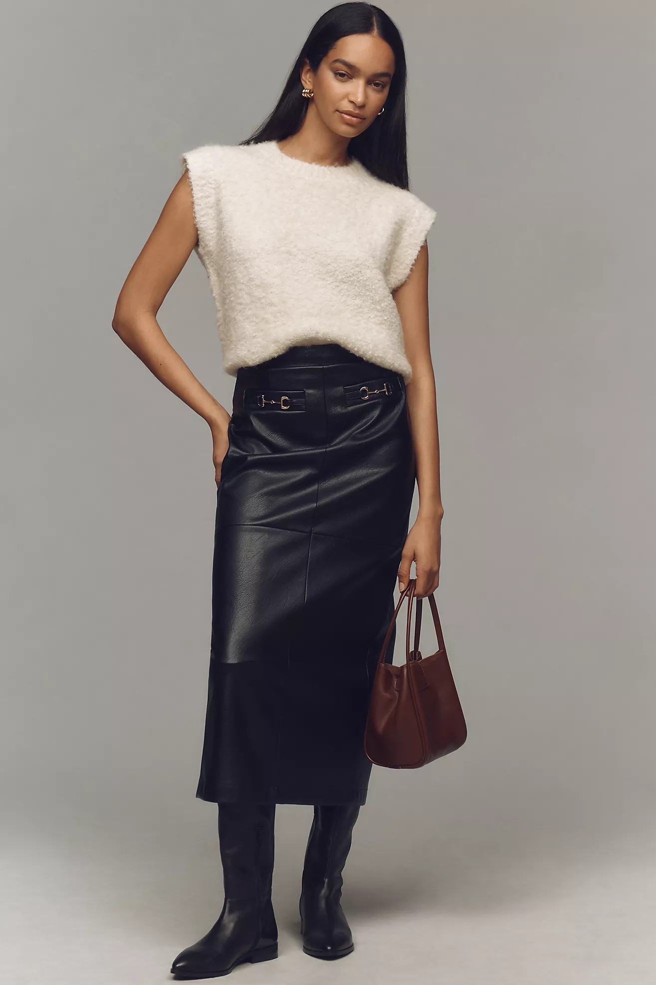 Avec Les Filles Faux-Leather Equestrian Buckle Midi Skirt | Anthropologie (US)