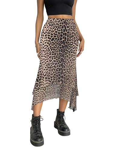 Avanova Women Leopard Mesh Asymmetrical Midi Skirt High Waisted Long Skirts Khaki Leopard Small | Amazon (US)