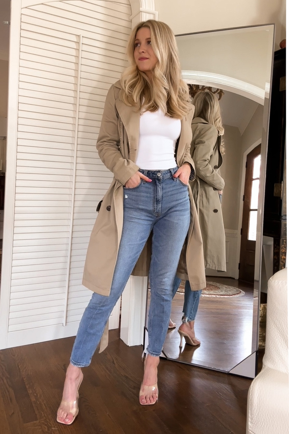 Spring trench coat outfit. Casual outfit. Wearing a small in the white tank, xs in trench coat, and jeans fit tts (wearing a 25)  

#LTKstyletip #LTKworkwear #LTKunder100