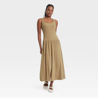Women's Drop Waist Knit Midi Slip Dress - Universal Thread™ Brown S: Sleeveless Scoopneck, Ribbed Fabric | Target