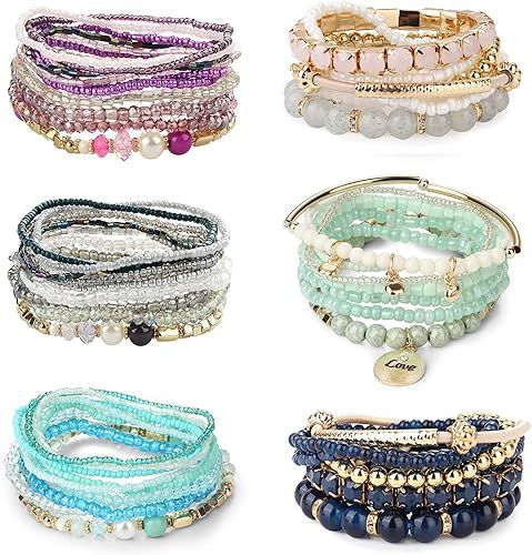 LOYALLOOK 6 Sets Bohemian Stackable Bead Bracelets for Women Stretch Bangles Bohemian Style Stret... | Amazon (US)