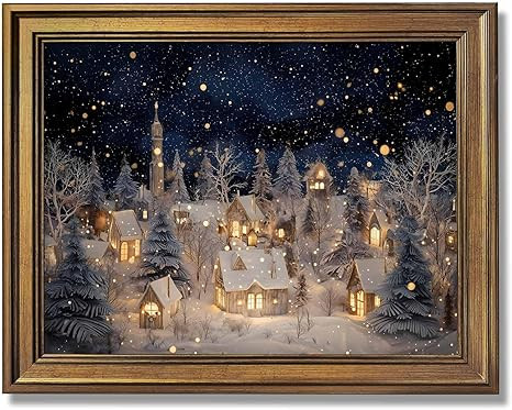 Gold Framed Vintage Winter Village Wall Art Cozy Snowy Christmas Town Landscape Canvas Poster Pri... | Amazon (US)