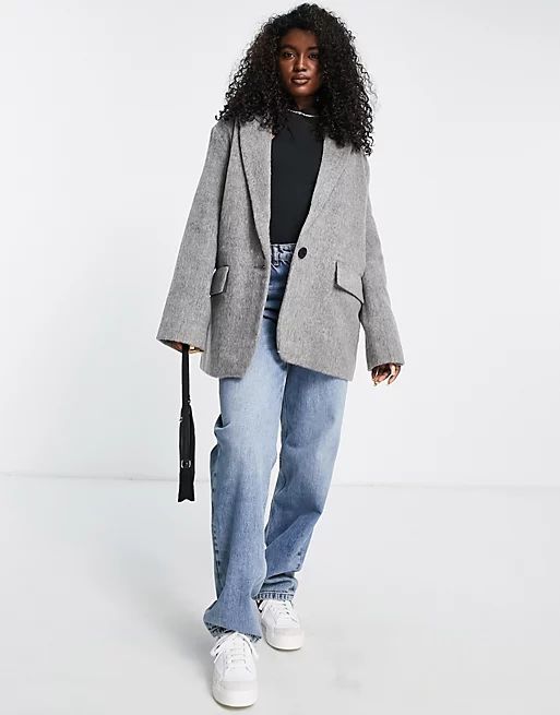 ASOS DESIGN oversized grandad wool mix jacket in grey | ASOS (Global)