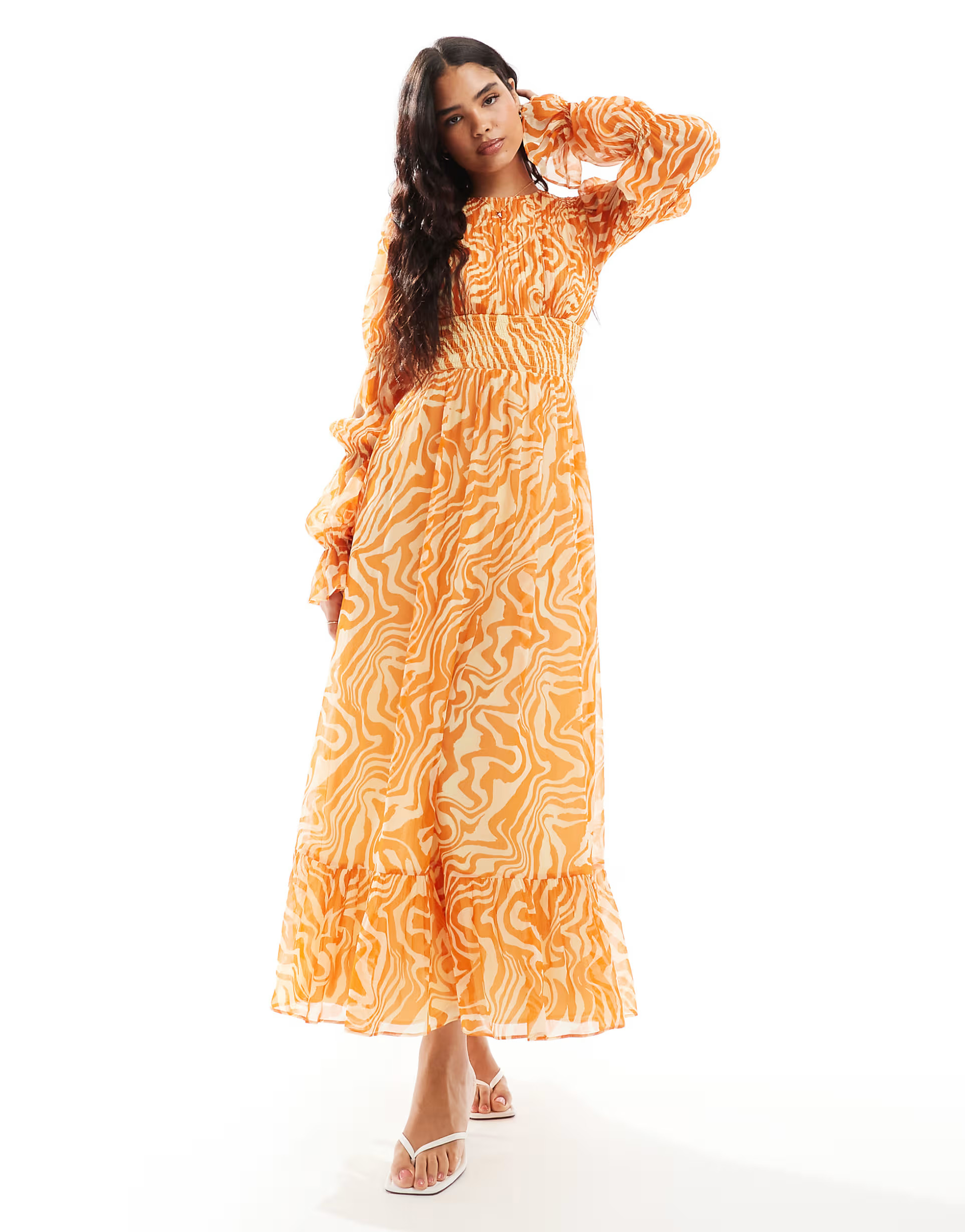 ASOS DESIGN shirred waist blouson tiered sleeve maxi dress in orange zebra print | ASOS (Global)