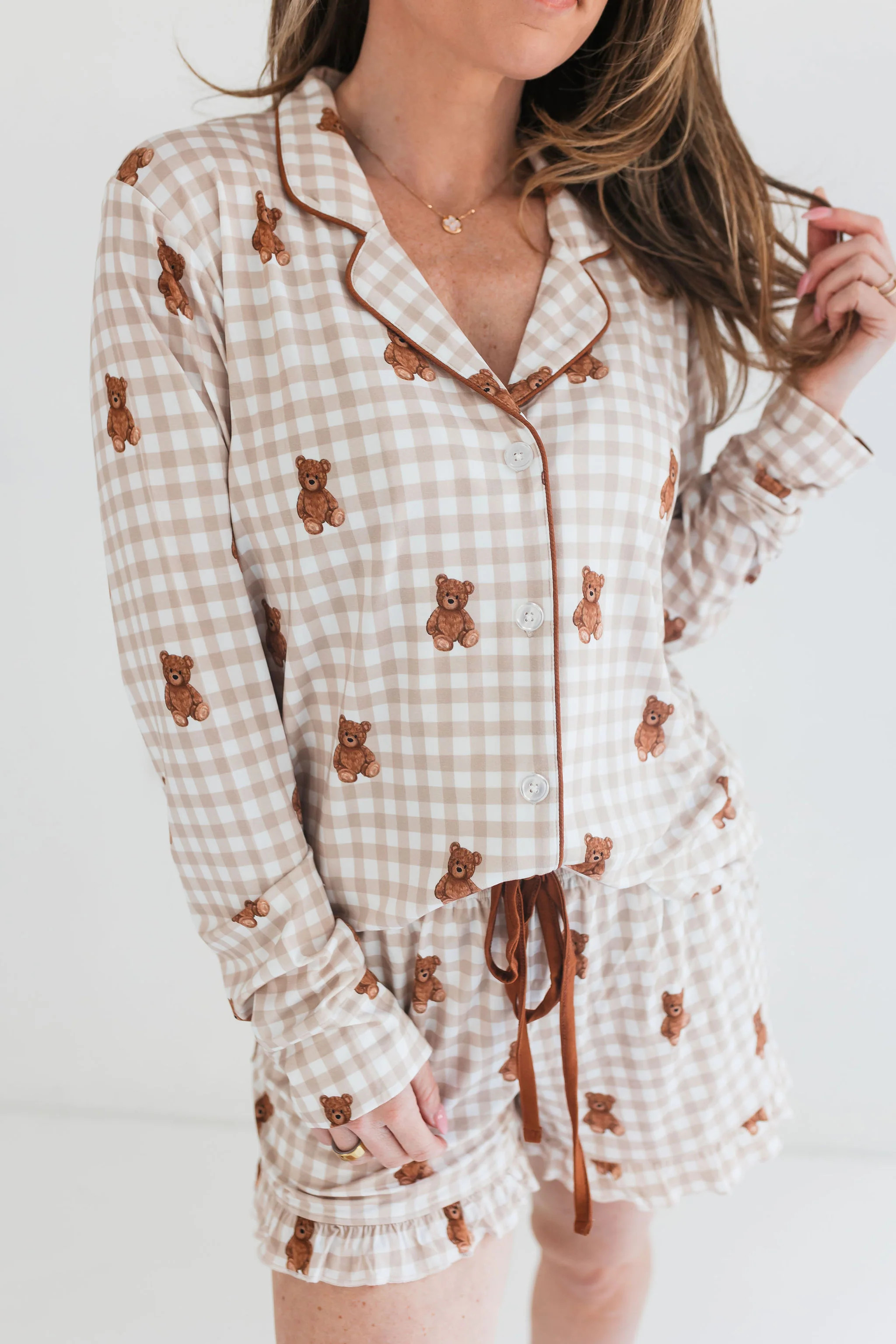 Teddy Gingham Women's Long Sleeve Short Set | In My Jammers