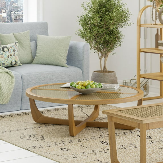 Round Rattan & Glass Top Coffee Table with Solid Wood Frame, Warm Honey FinishPackaging Dimension... | Walmart (US)