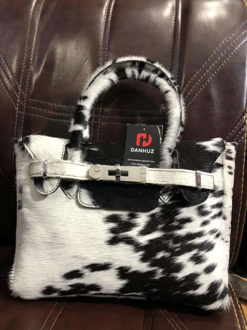 Hair on Leather Tote Bag - Black & White Cowhide Leather Hangbag With Premium Lock, Handmade Genu... | Etsy (US)