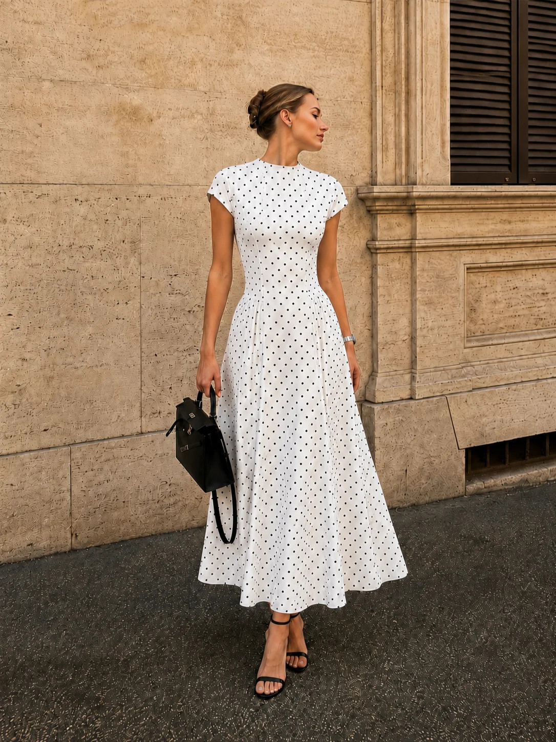 Cap Sleeve Polka Dot Fit Flare Maxi Dress | Commense