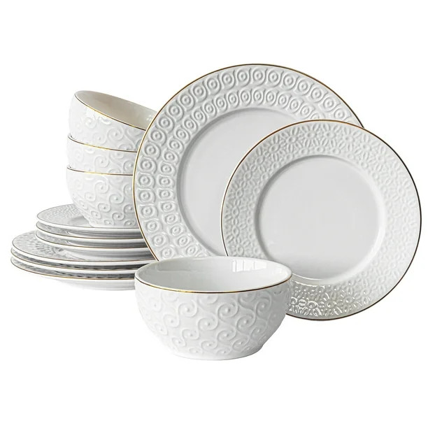 Sofia Home 12 Piece Embossed White Stoneware Dinnerware Set by Sofia Vergara - Walmart.com | Walmart (US)