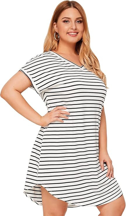 Floerns Women's Plus Size Casual Striped V-Neck Short Sleeve T-Shirt Tunic Dress | Amazon (US)