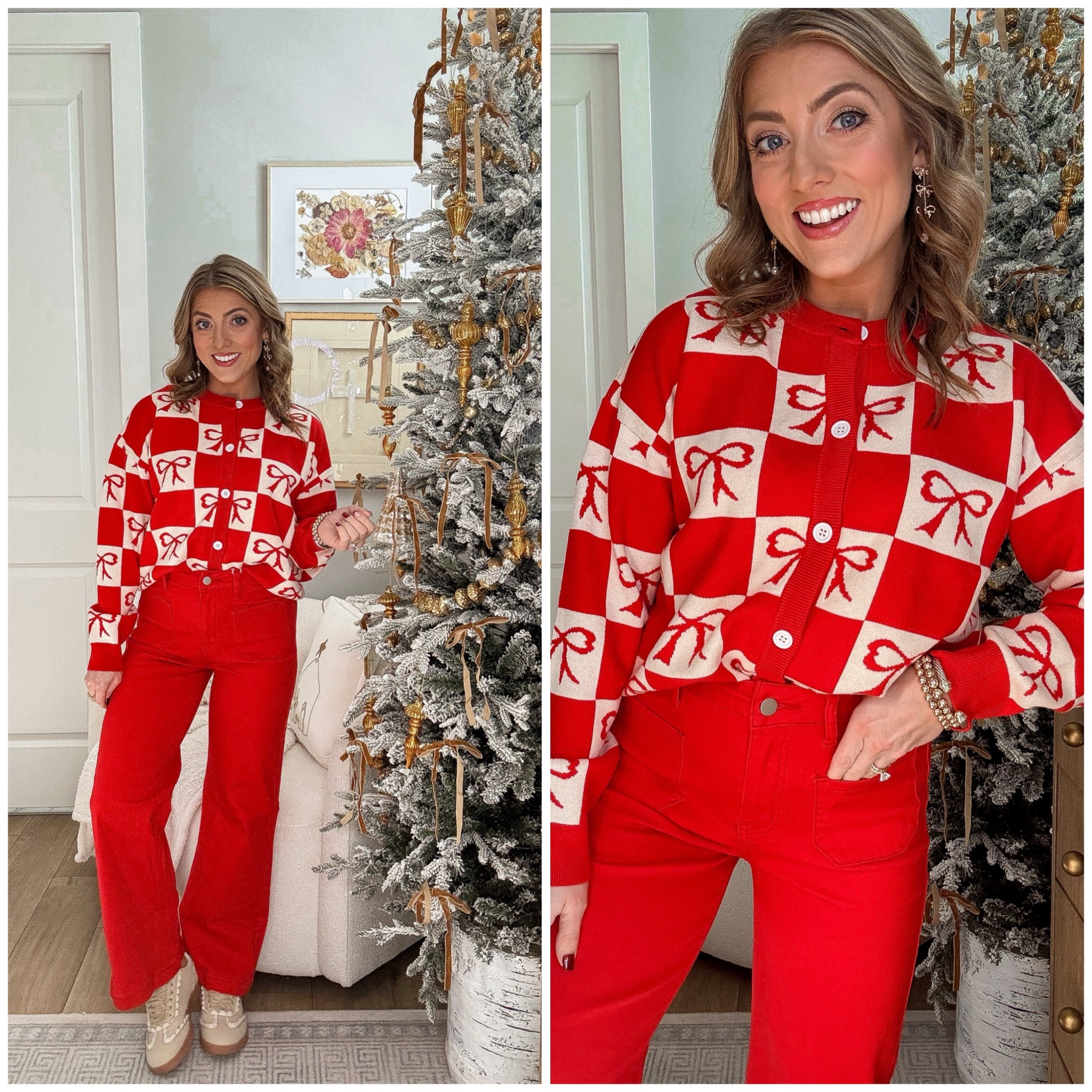 Amazon holiday outfit perfection ❤️🎀 The cutest new red jeans (under $40!) paired with this adorable bow cardigan that’s only $19… I mean, how festive and fun is this combo?! The checkerboard bow print feels so cheerful and playful for Christmas photos, holiday parties, school events, or cozy at-home days by the tree.

These jeans have amazing stretch, a flattering fit, and the bold red color makes any winter outfit pop. And this cardigan? Lightweight, soft, and looks designer-inspired without the price tag. Such a great Amazon fashion score!

Everything is linked in LTK for easy shopping 🎄✨

#AmazonFashion #AmazonFinds #HolidayOutfits #RedJeans #BowCardigan #AffordableFashion #FestiveStyle #AmazonStyle #ChristmasOutfitInspo #WinterOutfits #AmazonOutfitIdeas

#LTKHoliday