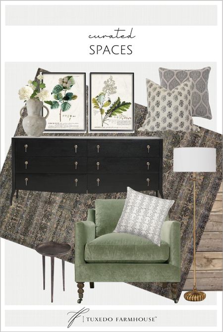 Living room style in a rich colorway of greens, blacks and gray. 

Loloi rugs, living room furniture, accent chairs, console cabinet, floor lamps, throw pillows, wall art, pottery vases. 

#LTKstyletip #LTKFind #LTKhome