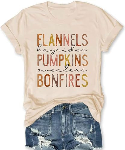 Flannels Hayrides Pumpkins Vintage Sweaters Bonfires Shirt Women Halloween Pumpkin Tees Thanksgiving Family Fall Shirt(B-Beige2,XL) | Amazon (US)