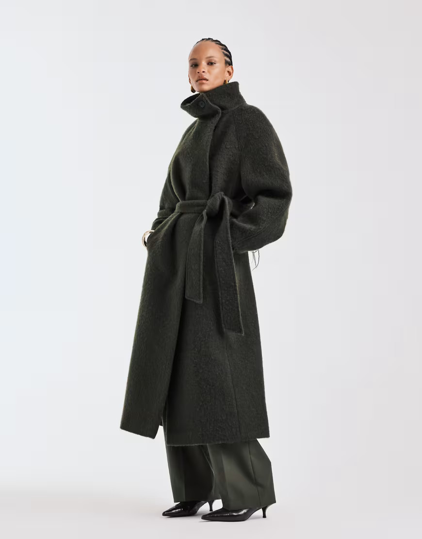 ASOS DESIGN premium brushed wool blend oversized funnel neck coat in khaki-Green | ASOS (Global)