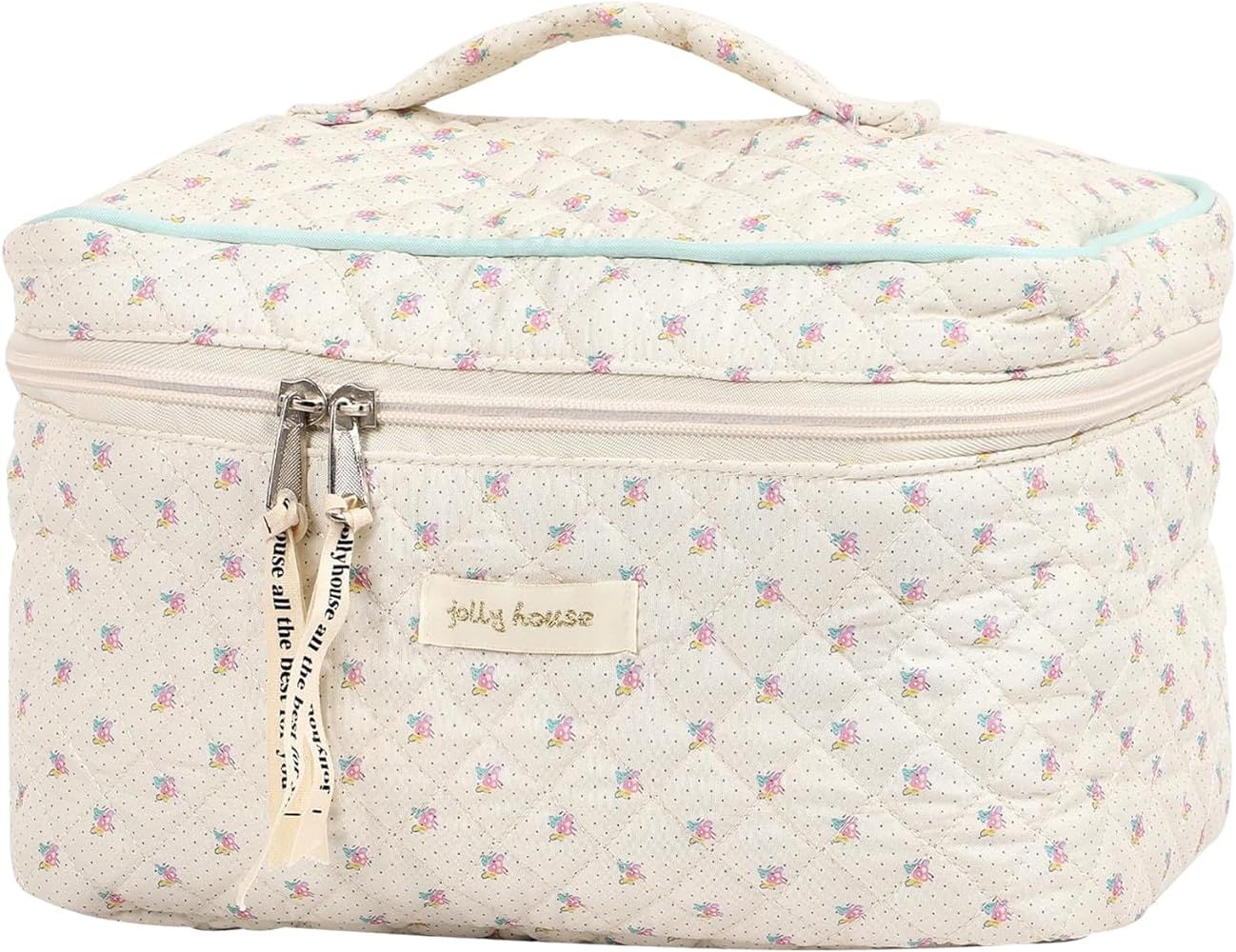 Big Cute Makeup Bag for Women, Large Travel Floral Cotton Cosmetic Bag, Coquette Aesthetic Quilte... | Amazon (US)