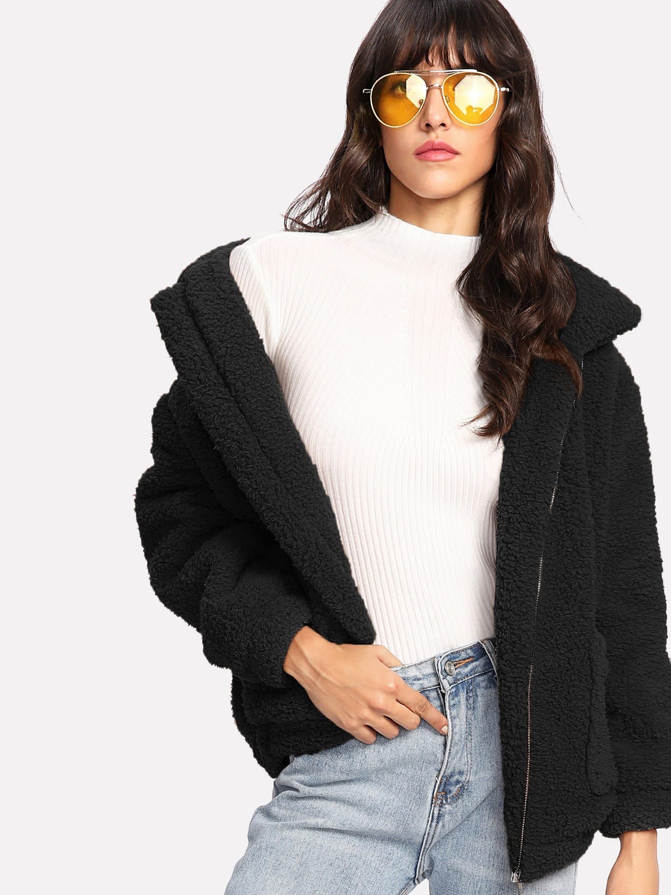 Dual Pocket Faux Fur Jacket | SHEIN