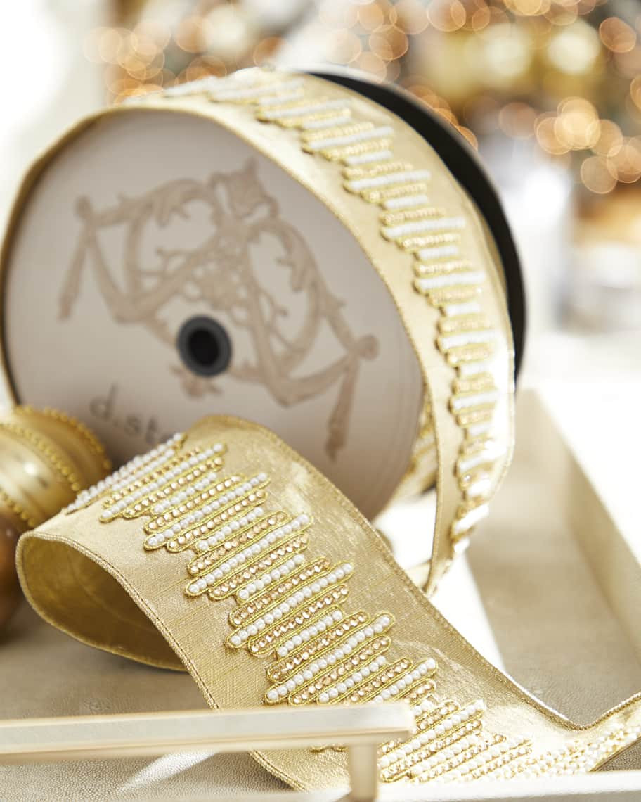 D. Stevens Metallic Pearly Embellished Christmas Ribbon, 4"W x 10 Yards | Horchow