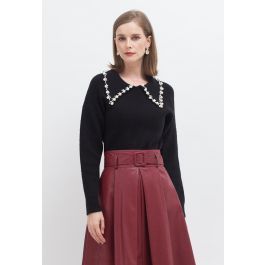 Pearl Trims Collar Soft Touch Knit Sweater in Black | Chicwish