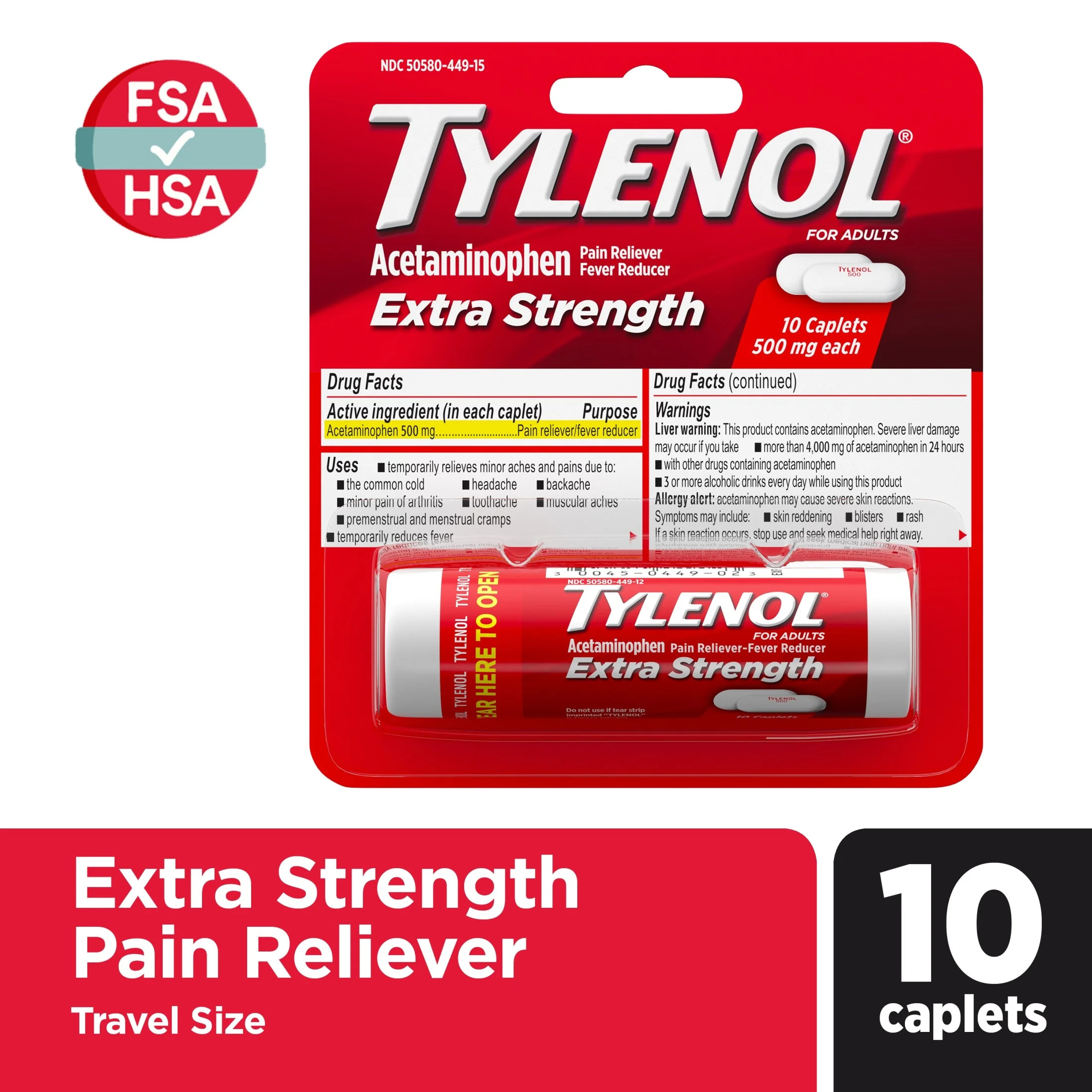 Tylenol Extra Strength 500mg Acetaminophen Caplets, Travel Size, 10 Count | Walmart (US)