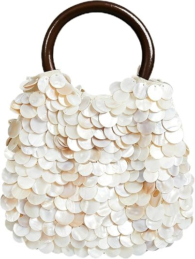 Miuco Shell Clutch Handbag Natural Seashell Purse with Wooden Handle | Handmade Shell Beaded Bag ... | Amazon (US)