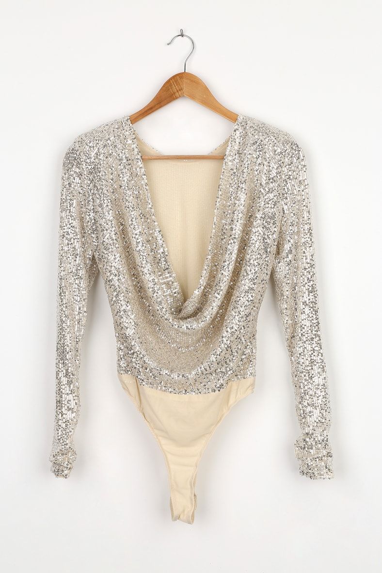 Shimmering Love Silver Sequin Cowl Back Bodysuit | Lulus (US)