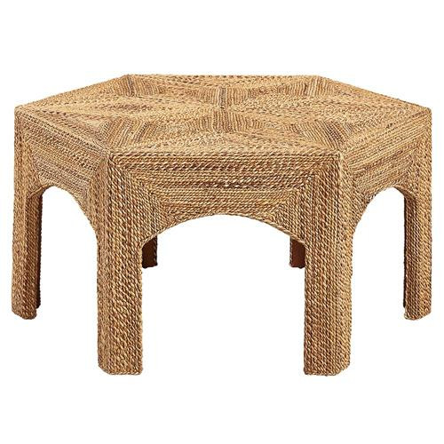 Open Box Xiomara Coastal Brown Woven Mahogany Wood Hexagon Classic Coffee Table | Kathy Kuo Home