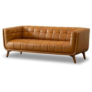 Allen Mid-Century Modern Tufted Back Genuine Leather Sofa in Tan | Cymax