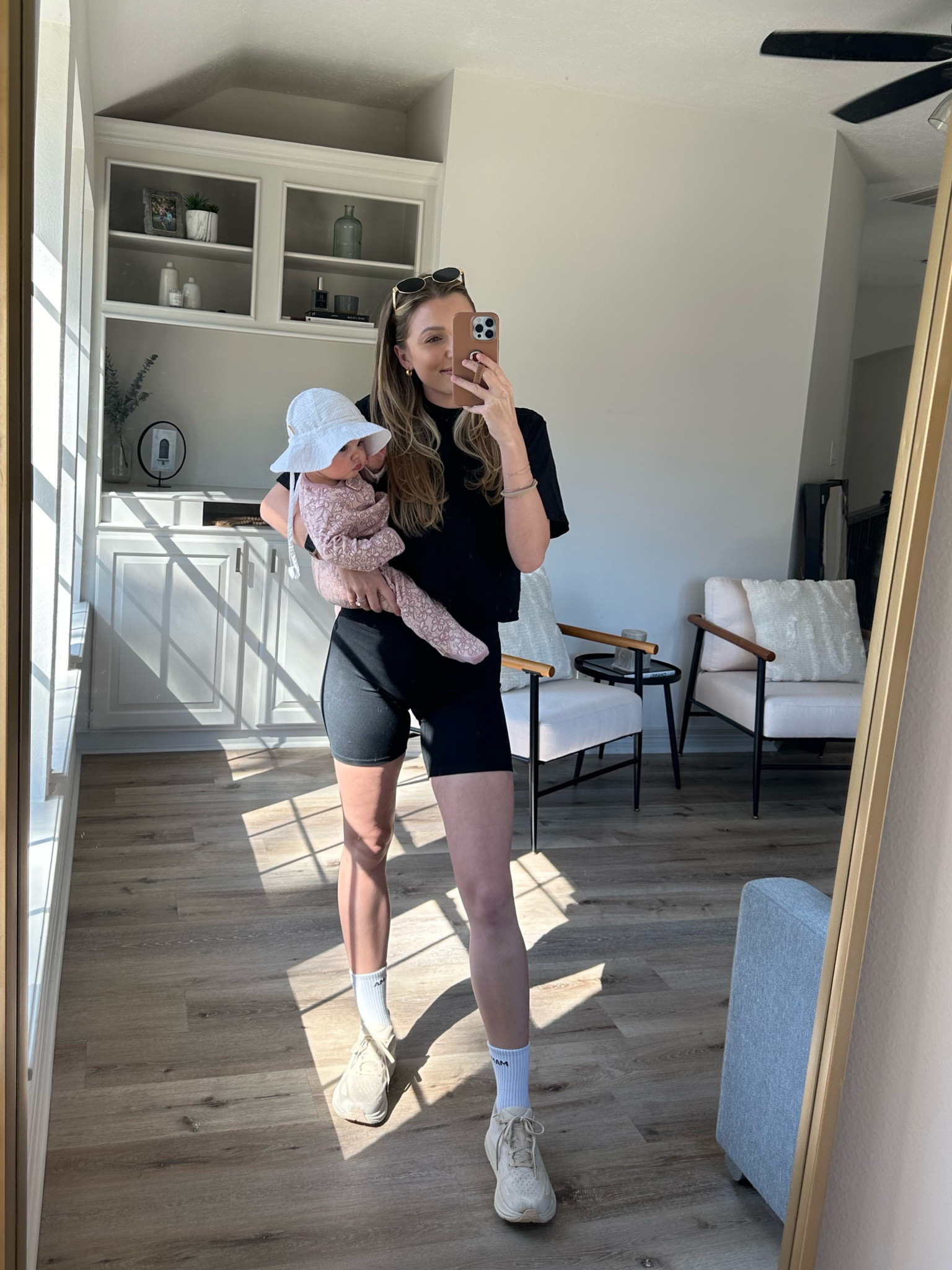 Spring walk outfit: S in tee shirt, S in bike shorts, hoka running shoes true to size 

#LTKfitness