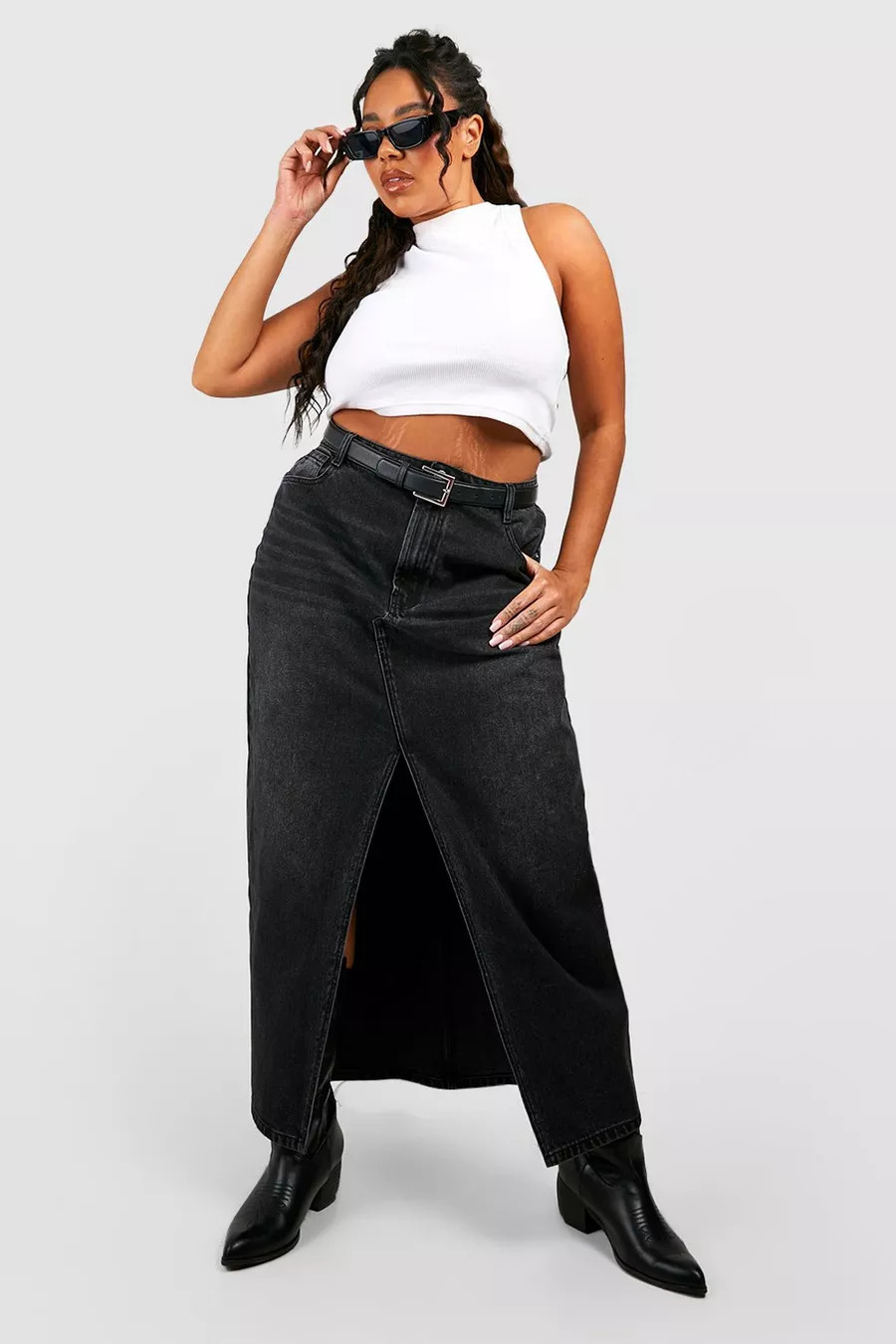 Plus Split Front Denim Maxi Skirt | Boohoo.com (US & CA)