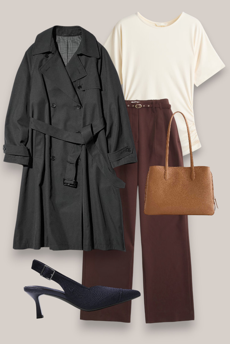 A black trench makes an easy base for a smarter autumn outfit. Chocolate trousers, an ivory tee and pointed slingbacks keep this one simple but polished enough for work or dinner. #blacktrench #workoutfit #smartcasual #fallstyle 

 #LTKautumn #LTKworkwear #LTKstyletip
