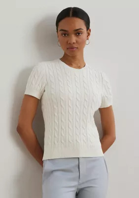 Lauren Ralph Lauren Women's Cable Knit Cotton Short Sleeve Sweater, White, X-Large | Belk