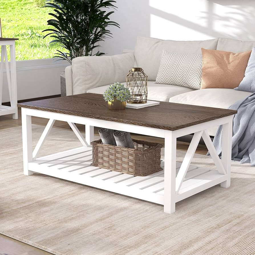 ChooChoo Farmhouse Coffee Table, Rustic Vintage Living Room Table with Shelf, 40 White | Amazon (US)