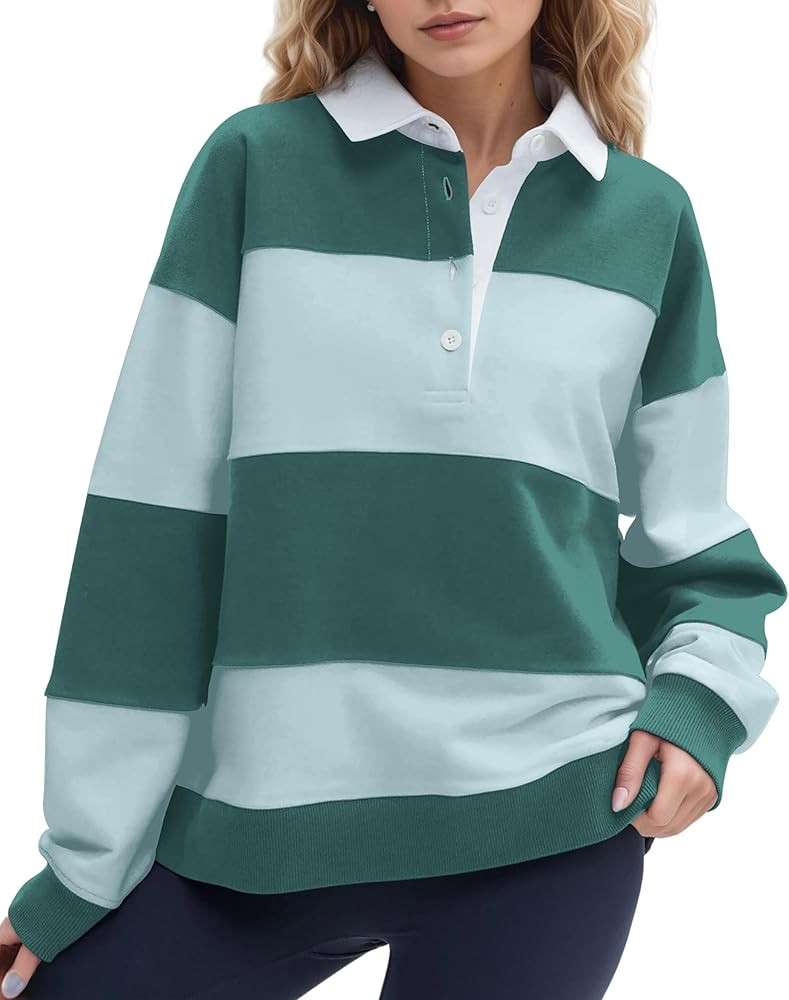 MISSACTIVER Women’s Striped Color Block V-Neck Polo Sweatshirt Oversized Long Sleeve Rugby Shirt Lapel Collared Pullover | Amazon (US)