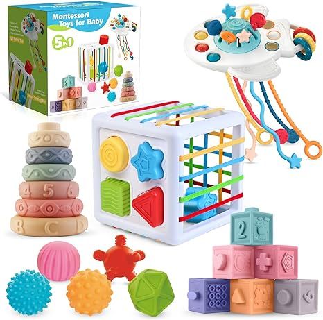 5 in 1 Montessori Toys for Babies 0-3-6-12 Months, Soft Baby Teething Toys, Sensory Bin Toy, Stac... | Amazon (US)