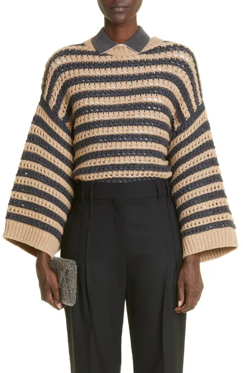 Brunello Cucinelli Stripe Crochet Virgin Wool, Cashmere & Silk Sweater in Cfe23-Medium Beige at Nord | Nordstrom