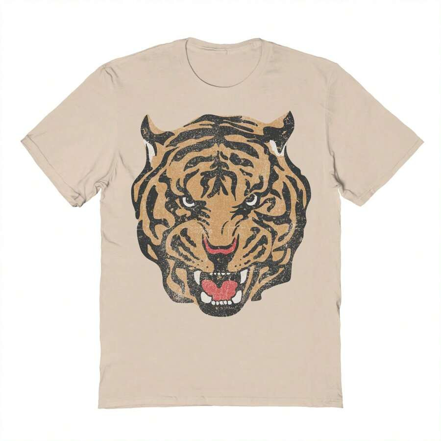 Social Hour Tiger Graphic Sand Unisex Cotton Short-Sleeve T-Shirt | SHEIN