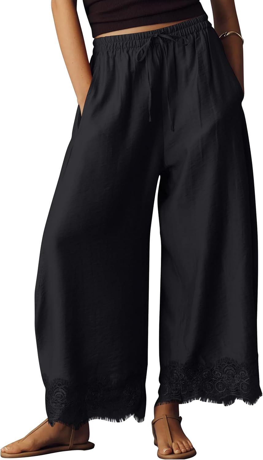 Cropped Lace Hem Wide Leg Pants for Women | Amazon (US)