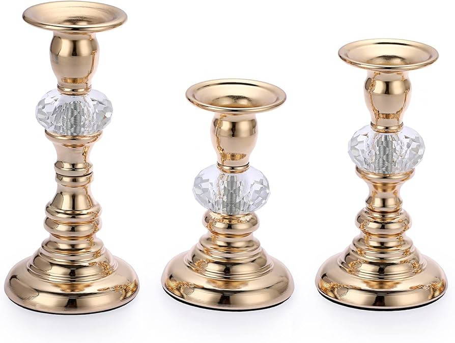 OwnMy Set of 3 Gold Metal Taper Candlestick Holders Vintage Brass Taper Candle Holders, Decorativ... | Amazon (US)