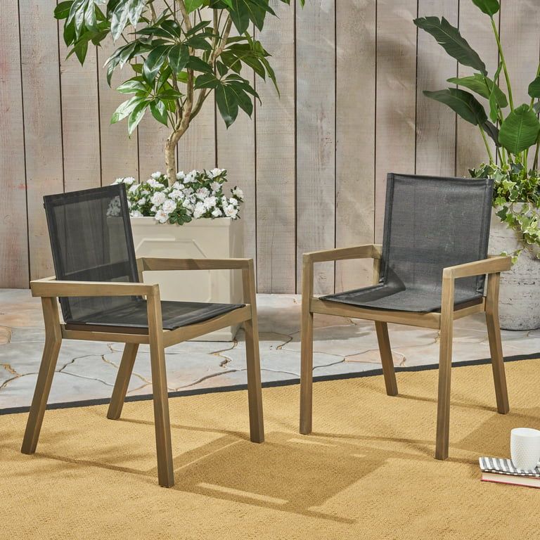 Saul Outdoor Acacia Wood and Mesh Dining Chairs, Set of 2, Gray, Black - Walmart.com | Walmart (US)