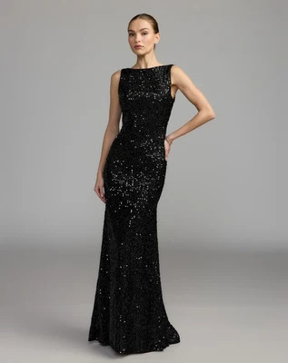 Black Cowl Back Boat Neck Sequined Evening Gown | Mac Duggal
