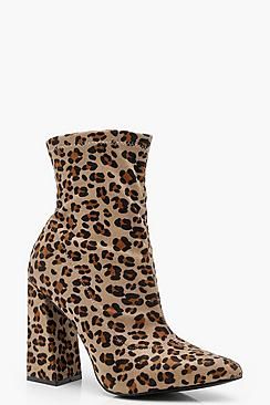 Leopard Print Flared Heel Sock Boots | Boohoo.com (US & CA)
