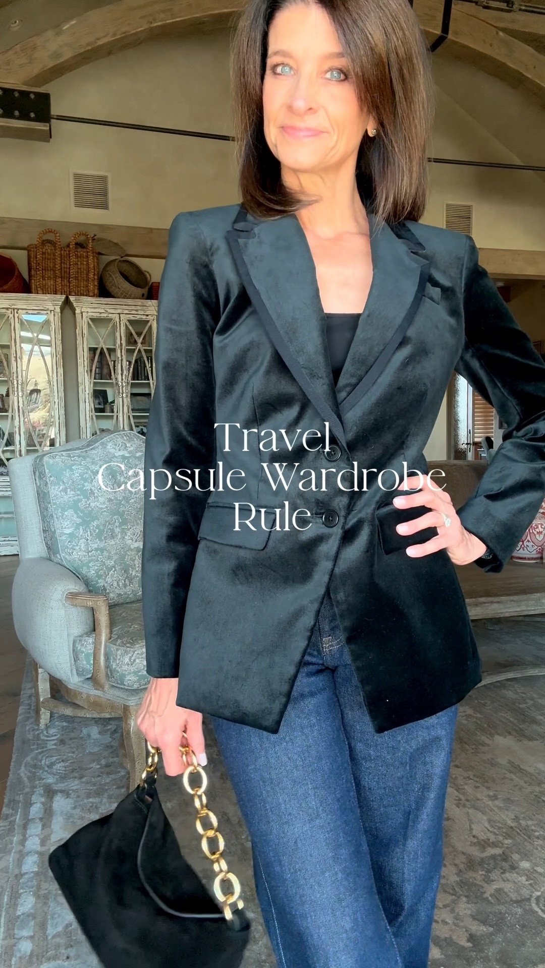 Travel Capsule Rule: Pack Items You Can Style Multiple Ways

I can’t stress enough how important versatility is when planning a travel capsule wardrobe.

Choose pieces you can wear multiple times, style in different ways, and mix with several other items to create a versatile travel capsule wardrobe.

This is especially true for “special” pieces like this velvet blazer.  It might not seem practical for travel, but with a little creativity, it can work with many outfits and can be worn multiple times on your trip.

Make that a statement piece earn its space in your carry-on!

⭐️ Fit Notes: I am 5’4”.  The blazer is an XS.