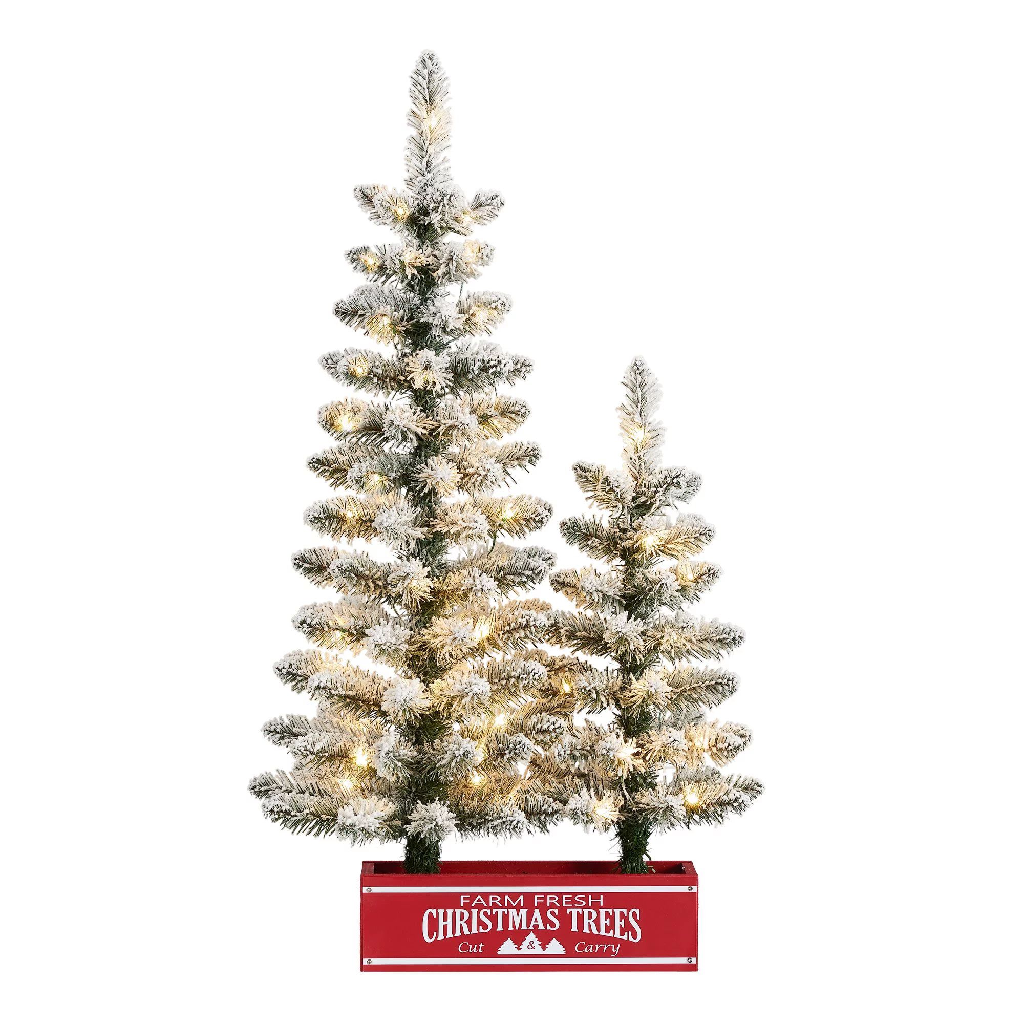 Holiday Time 3ft Pre-lit Flocked Farmhouse Christmas Tree Set, Warm White Micro LED, Green, 3' | Walmart (US)