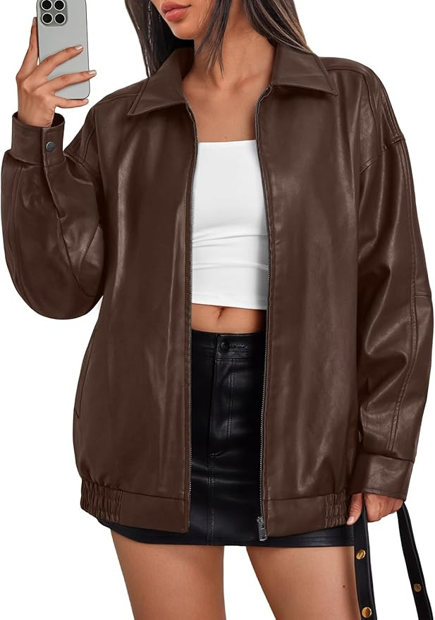 Trendy Queen Womens Oversized Leather Jacket Moto Bomber Coat Fall&Winter | Amazon (US)