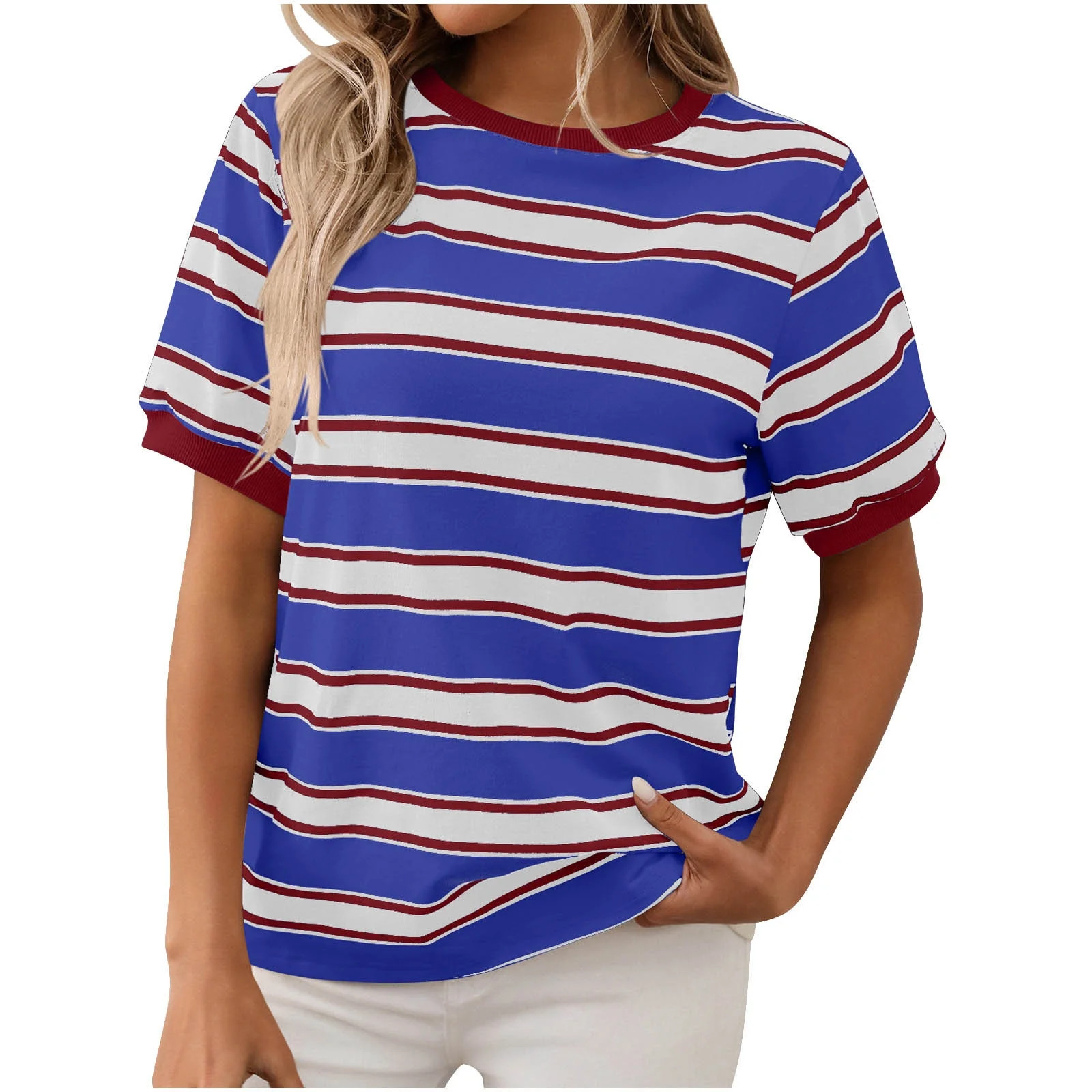PeiLuo Women's Summer Striped Color Block Short Sleeve Crewneck Casual Loose Basic Tee Blouses | Walmart (US)