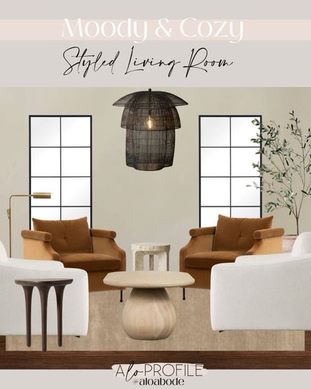 Styled Room // living room design, neutral living room, modular chairs, accent chairs, sherpa chairs, marble coffee table, checkered rug, parachute home, rust sofa, crate and barrel sofa, accent table, textural living room, modern furniture